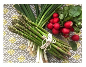 Algunas de las hortalizas favoritas de la autora, radicada en Chicago, espárragos, cebollines y rábanos. Foto de Verdelicias.com